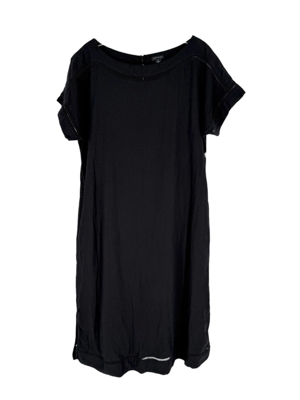 Ann Taylor Linen Blend Midi Dress Womens Size Medium Black Lattice Accent